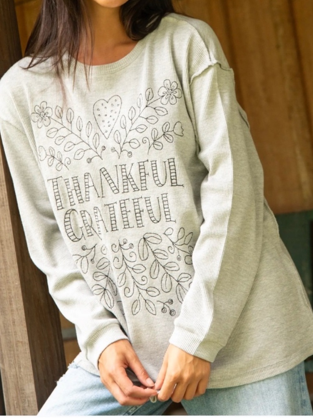 Natural Life Aida Waffle Knit Thermal Thankful Grateful embroidery Oversize L XL